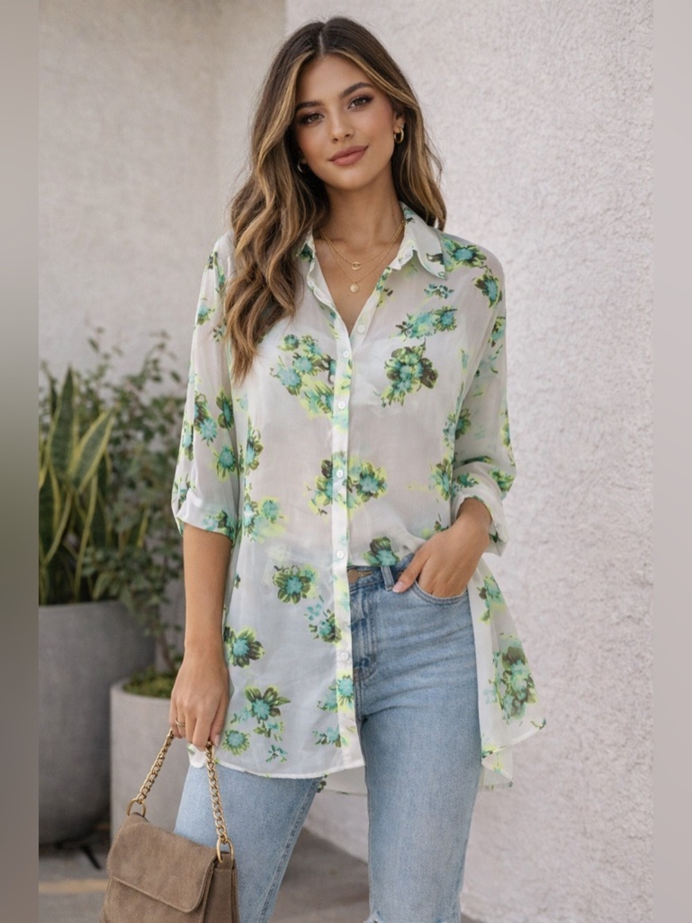 Jessica Simpson Sheer Floral Blouse Green Blue Lightweight Spring Top Size S - Picture 1 of 8